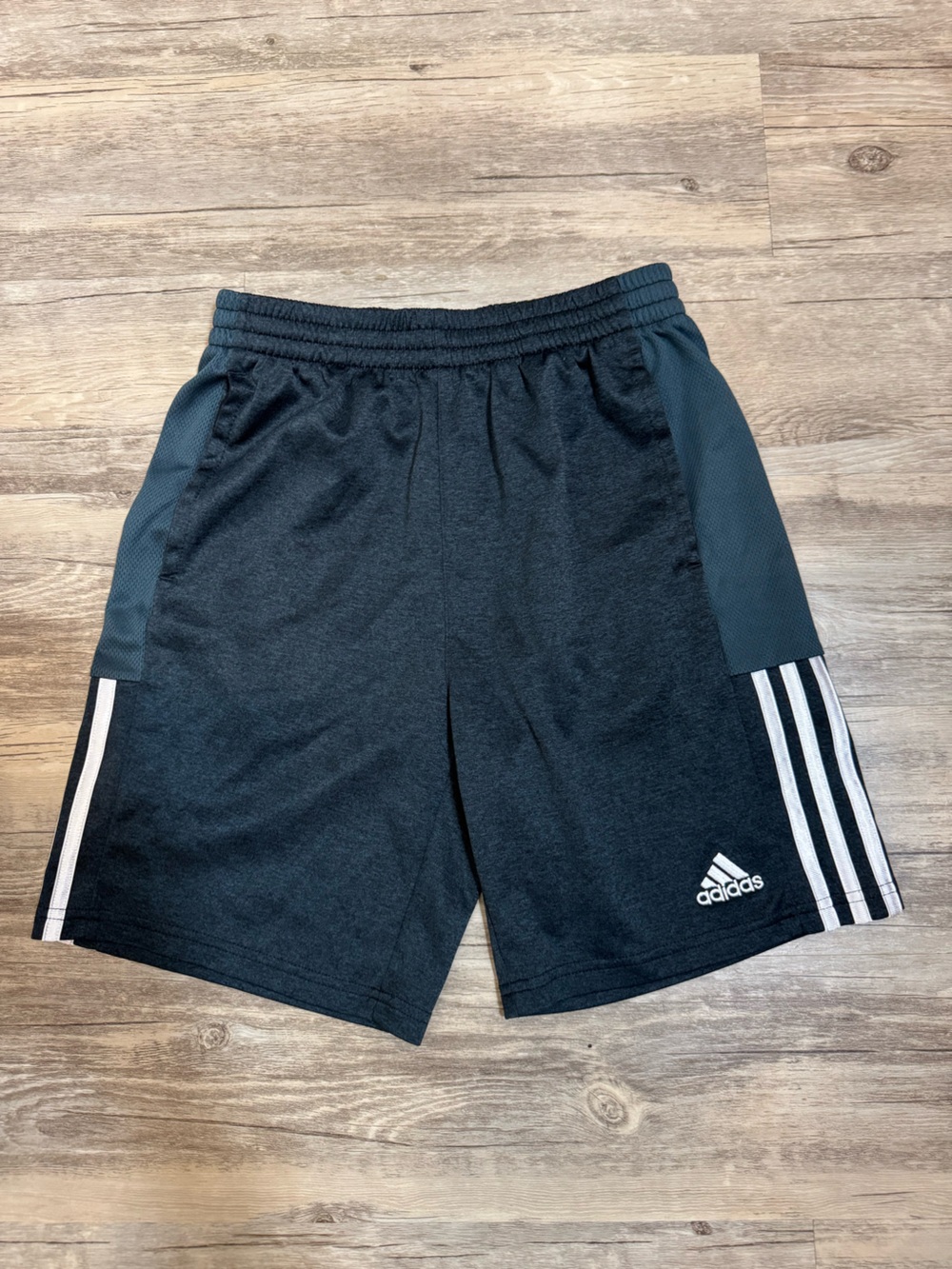 adidas Kids Black Gray Shorts Embroidered Logo with Mesh Side & White Stripes L